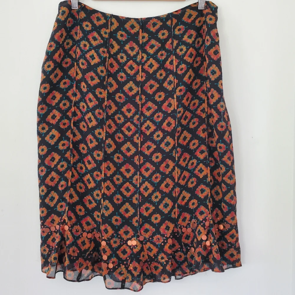 100% Silk Black Rust Print Skirt 12 Copper Sequins Ruffle Hem JONES NEW YORK EUC